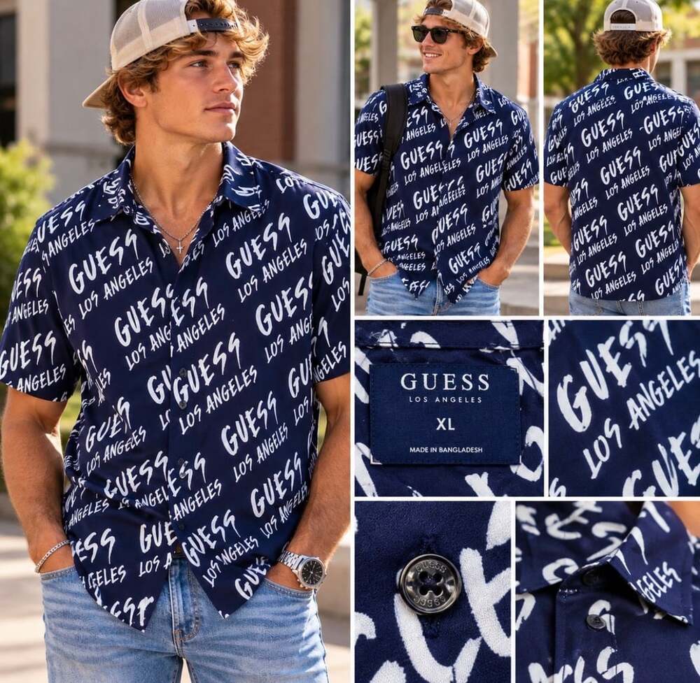 GUESS Los Angeles Mens XL Black White All Over Logo Print Short Sleeve Shirt